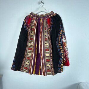 Women's African Dashiki Print Midi Skirt Black/Red Elastic Waist Pull-On A-Line